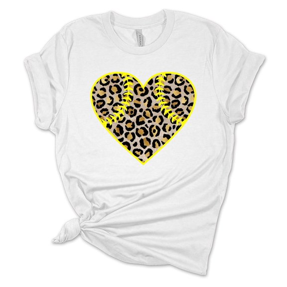 Womens Softball Tshirt Leopard Heart Softball Mom Short Sleeve T-shirt-White-large