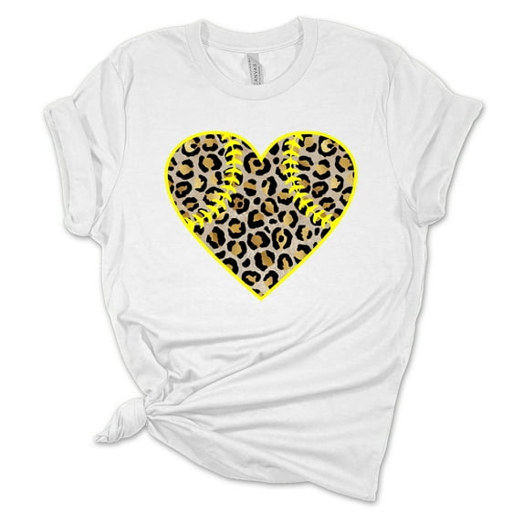 Womens Softball Tshirt Leopard Heart Softball Mom Short Sleeve T-shirt-White-xl