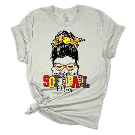 Womens Softball Tshirt Messy Bun Proud Softball Mom Short Sleeve T-shirt-Athletic Heather-4xl