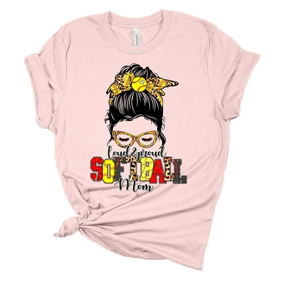 Womens Softball Tshirt Messy Bun Proud Softball Mom Short Sleeve T-shirt-Soft Pink-medium