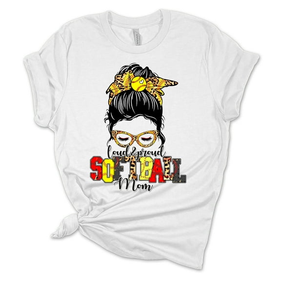 Womens Softball Tshirt Messy Bun Proud Softball Mom Short Sleeve T-shirt-White-xxl