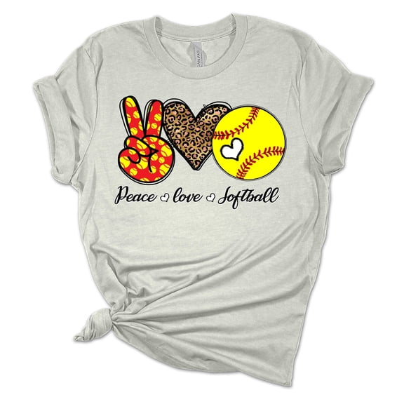 Womens Softball Tshirt Peace Love and Softball Softball Mom Short Sleeve T-shirt-Athletic Heather-large