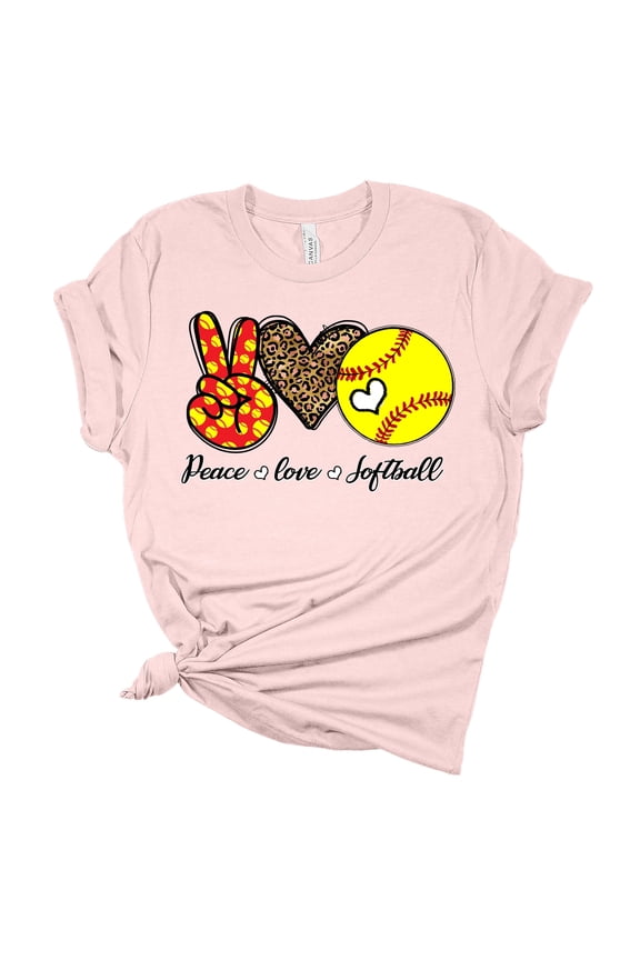 Womens Softball Tshirt Peace Love and Softball Softball Mom Short Sleeve T-shirt-Soft Pink-5xl