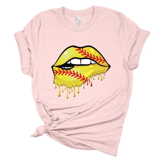 Womens Softball Tshirt Softball Lips Softball Mom Short Sleeve T-shirt-Soft Pink-medium