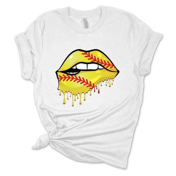Womens Softball Tshirt Softball Lips Softball Mom Short Sleeve T-shirt-White-medium