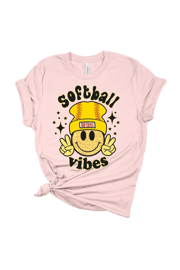 Womens Softball Tshirt Softball Vibes Happy Face Softball Mom Short Sleeve T-shirt-Soft Pink-6xl