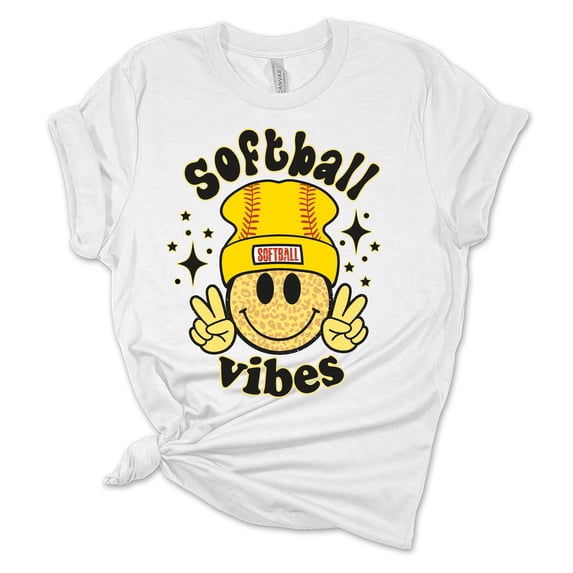 Womens Softball Tshirt Softball Vibes Happy Face Softball Mom Short Sleeve T-shirt-White-large