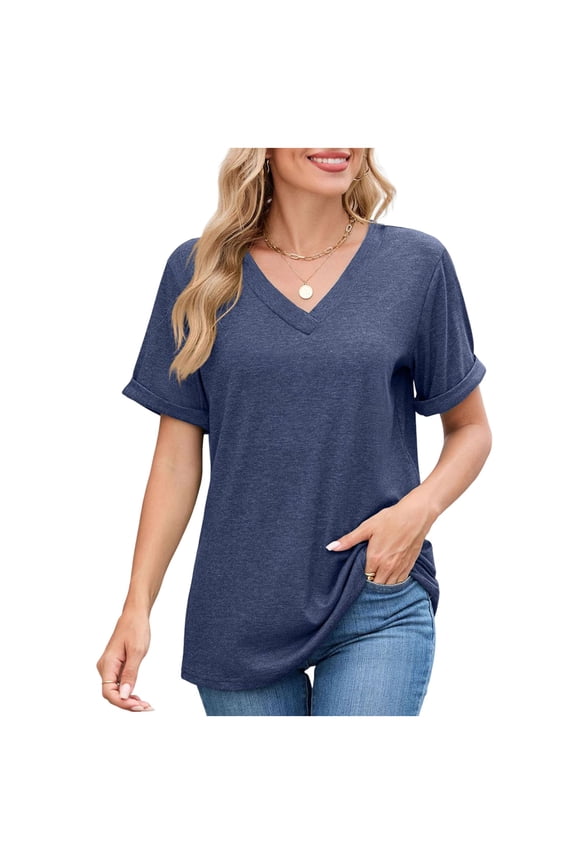 Womens Solid Basic Tees Shirts Oversize Short Sleeve Blouses Trendy Loose Tops V Neck Tees Shirts Loose Fall Tunic Tops Dressy Casual Work Blouse 2026