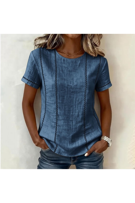 Womens Solid Blue Crew Neck Short Sleeve Top - Breathable Polyester Relaxed Fit Everyday Basic Tee S-XXL,Size L