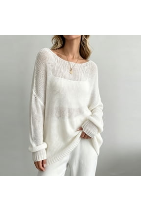 Womens Solid Boat Neck Open Knit Sweater Long Sleeve Oversized Loose Fit Sheer Knitted Pullover Casual Spring Fall Knit Top White M