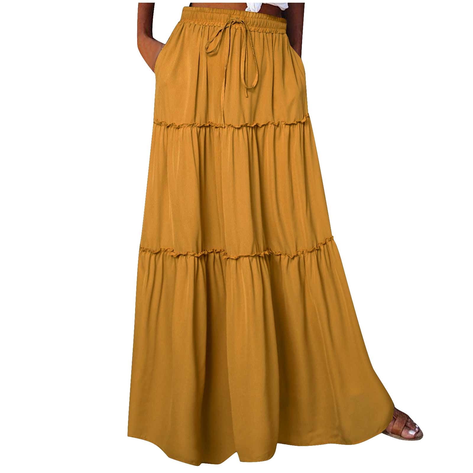 Womens Solid Boho Tiered Skirt Elastic Drawstring High Waist