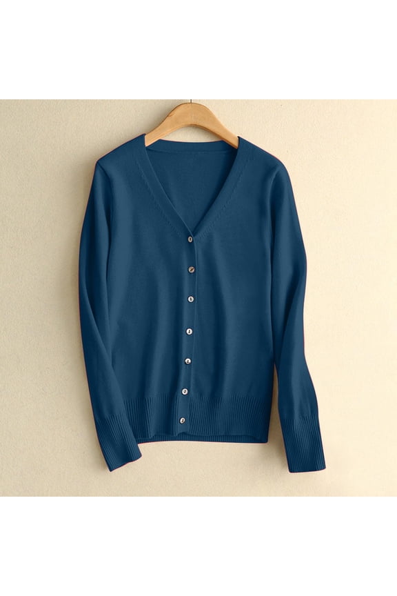 Womens Solid Button Down Long Sleeve Classic V Neck Knit Cardigan Sweater