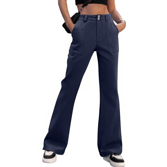 Womens Solid Buttons Wide Leg Straight Leg Long Flare Pants Trousers with Pockets