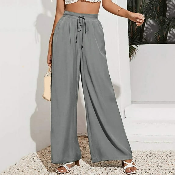 Womens Solid Casual Drawstring Loose Elastic Waist Beach Leg Palazzo Pants Trousers With Pockets Women Short Pants Casual Windbreaker Pants Women Formal Short Pants for Women Women's Pants Casual Tall