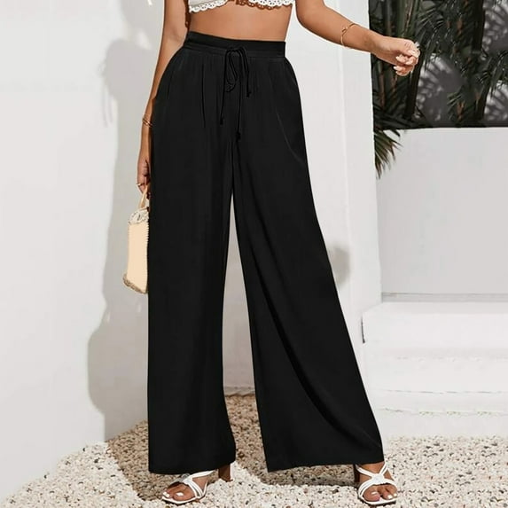 Womens Solid Casual Drawstring Loose Elastic Waist Beach Leg Palazzo Pants Trousers With Pockets Womens Sweatpants Tall Business Casual Pants for Women plus Size Womens Linen Beach Pants Comfortable