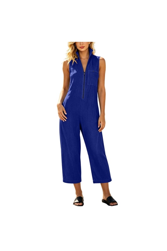 Womens Solid Collared Sleeveless Jumpsuit Front Zip Cropped Wide Leg Romper with Side Pockets for Casual Daily Wear Blue M(M)