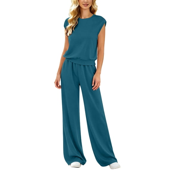 Womens Solid Color 2 Piece Outfit Set Crew Neck Sleeveless Top Drawstring Elastic Waist Pocket Wide Leg Pants Casual Loungewear Matching Suit for Daily Vacation Wear Navy S(S)
