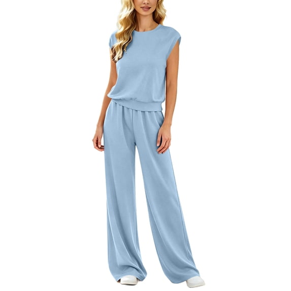 Womens Solid Color 2 Piece Outfit Set Crew Neck Sleeveless Top Drawstring Elastic Waist Pocket Wide Leg Pants Casual Loungewear Matching Suit for Daily Vacation Wear Blue L(L)