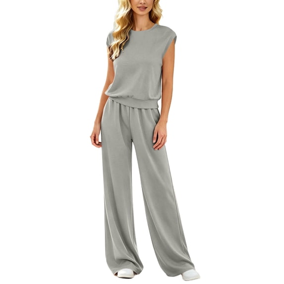 Womens Solid Color 2 Piece Outfit Set Crew Neck Sleeveless Top Drawstring Elastic Waist Pocket Wide Leg Pants Casual Loungewear Matching Suit for Daily Vacation Wear Gray M(M)