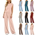 thumbnail image 1 of Womens Solid Color 2 Piece Outfit Set Crew Neck Sleeveless Top Drawstring Elastic Waist Pocket Wide Leg Pants Casual Loungewear Matching Suit for Daily Vacation Wear Beige XL(XL), 1 of 7