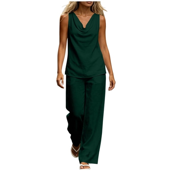 Womens Solid Color 2 Piece Outfit Set Draped Cowl Neck Sleeveless Top Elastic Waist Pocket Wide Leg Pants Casual Matching Suit for Daily Vacation Wear Army Green XL(XL)