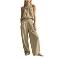 thumbnail image 1 of Womens Solid Color 2 Piece Outfit Set Halter Sleeveless Button Top Pocket Elastic Waist Wide Leg Pants Casual Vacation Matching Suit Khaki M(M), 1 of 7