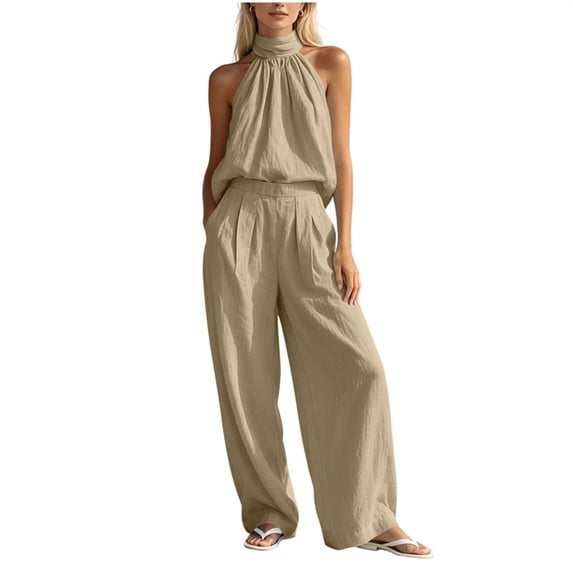 Womens Solid Color 2 Piece Outfit Set Halter Sleeveless Button Top Pocket Elastic Waist Wide Leg Pants Casual Vacation Matching Suit Khaki M(M)