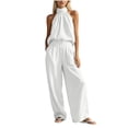 thumbnail image 1 of Womens Solid Color 2 Piece Outfit Set Halter Sleeveless Button Top Pocket Elastic Waist Wide Leg Pants Casual Vacation Matching Suit White M(M), 1 of 7