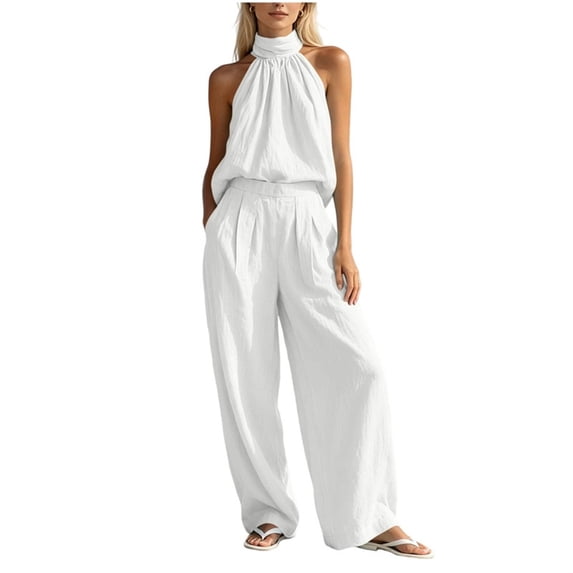 Womens Solid Color 2 Piece Outfit Set Halter Sleeveless Button Top Pocket Elastic Waist Wide Leg Pants Casual Vacation Matching Suit White M(M)