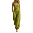 thumbnail image 1 of Womens Solid Color 2 Piece Outfit Set One Shoulder Asymmetric Sleeveless Ruched Top Elastic Cuff Pocket Harem Jogger Pants Casual Vacation Matching Suit Green XL(XL), 1 of 6