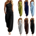 thumbnail image 1 of Womens Solid Color 2 Piece Outfit Set One Shoulder Asymmetric Sleeveless Ruched Top Elastic Cuff Pocket Harem Jogger Pants Casual Vacation Matching Suit Black XL(XL), 1 of 6