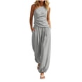 thumbnail image 1 of Womens Solid Color 2 Piece Outfit Set One Shoulder Asymmetric Sleeveless Ruched Top Elastic Cuff Pocket Harem Jogger Pants Casual Vacation Matching Suit Gray M(M), 1 of 6