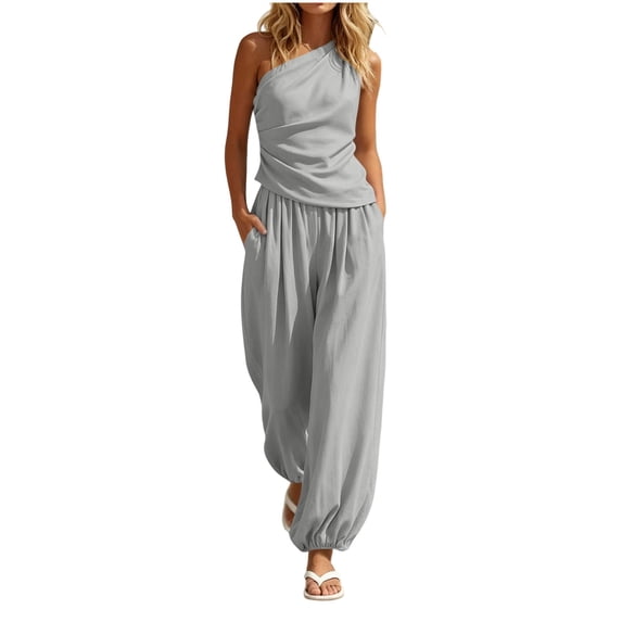 Womens Solid Color 2 Piece Outfit Set One Shoulder Asymmetric Sleeveless Ruched Top Elastic Cuff Pocket Harem Jogger Pants Casual Vacation Matching Suit Gray M(M)