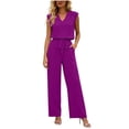 thumbnail image 1 of Womens Solid Color 2 Piece Outfit Set V Neck Sleeveless Cuffed Hem Top Elastic High Waist Pocket Wide Leg Pants Casual Matching Suit for Daily Vacation Purple S(S), 1 of 8