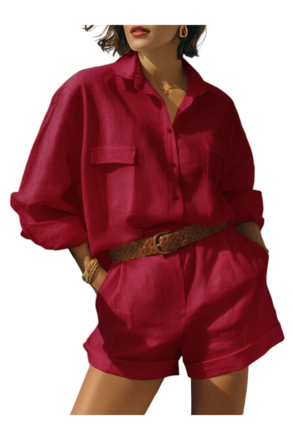 Womens Solid Color 2 Piece Outfits Long Sleeve Lapel Button Loose Fit Top Mini Shorts Summer Set Red XXL