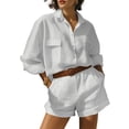 thumbnail image 1 of Womens Solid Color 2 Piece Outfits Long Sleeve Lapel Button Loose Fit Top Mini Shorts Summer Set White XL, 1 of 5