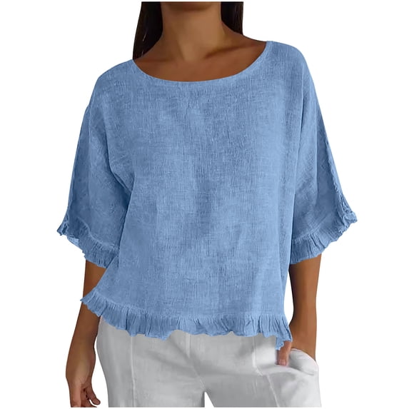 Womens Solid Color 3/4 Sleeve Tops Summer Tshirts Ruffle Flowy Crew Neck Dressy Casual Blouses Trendy Cute Work Sky Blue M(M)