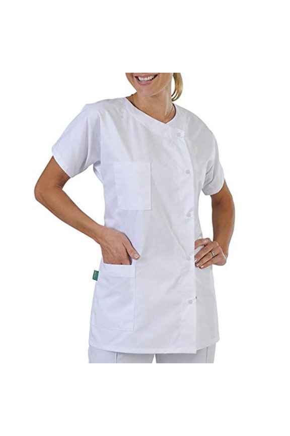 Womens Solid Color Asymmetric Snap Front Scrub Tunic Short Sleeve Relaxed Fit Medical Spa Uniform With Dual Side Pockets
