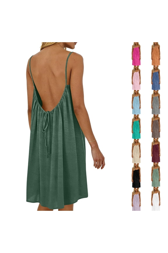 Womens Solid Color Backless Cami Dress Breathable Spaghetti Strap Loose Sundress Black XL
