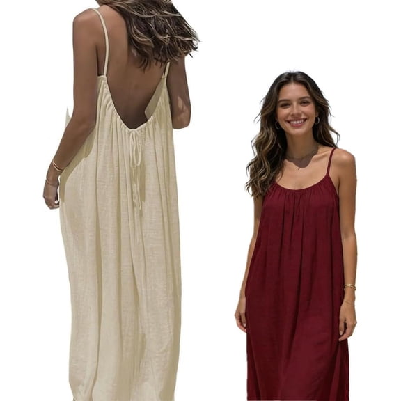 Womens Solid Color Backless Cami Dress, Spaghetti Strap Beach Maxi Dress Loose Flowy Sundress