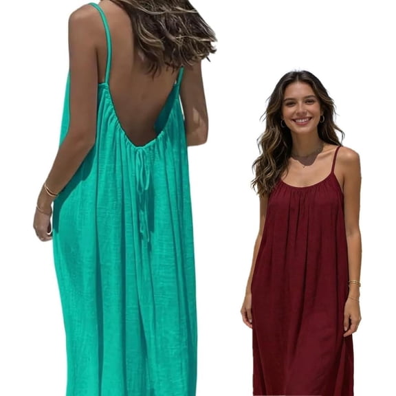 Womens Solid Color Backless Cami Dress, Spaghetti Strap Beach Maxi Dress Loose Flowy Sundress