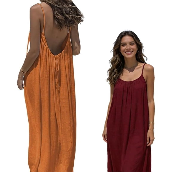 Womens Solid Color Backless Cami Dress, Spaghetti Strap Beach Maxi Dress Loose Flowy Sundress
