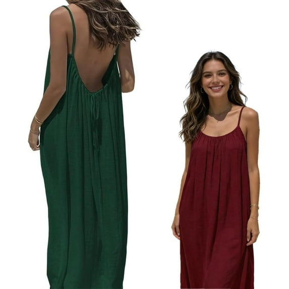 Womens Solid Color Backless Cami Dress, Spaghetti Strap Beach Maxi Dress Loose Flowy Sundress
