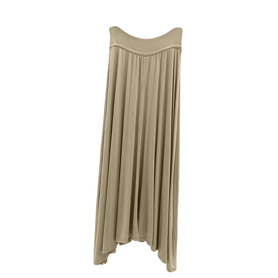 Womens Solid Color Basic Stretch Slinky Fold Over Waist Drawstring Long Midi Skirt Summer Beige