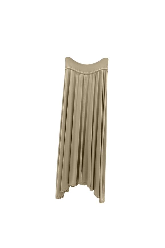 Womens Solid Color Basic Stretch Slinky Fold Over Waist Drawstring Long Midi Skirt Summer Beige