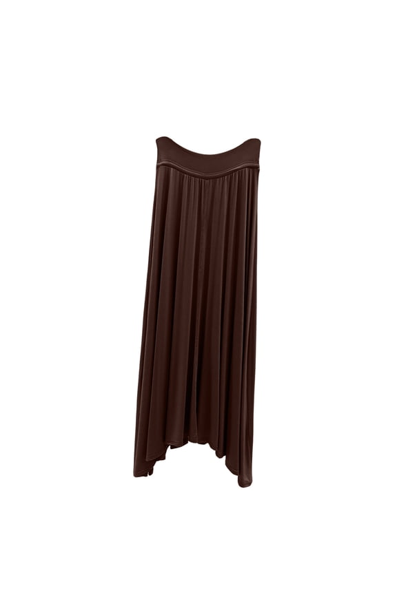 Womens Solid Color Basic Stretch Slinky Fold Over Waist Drawstring Long Midi Skirt Summer Coffee
