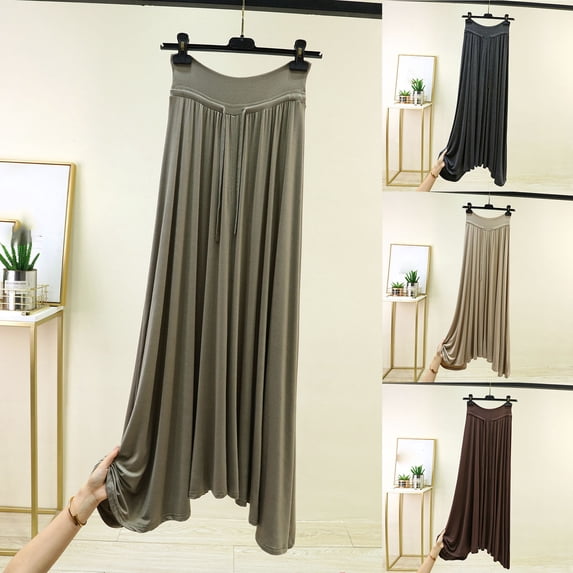 Womens Solid Color Basic Stretch Slinky Fold Over Waist Drawstring Long Midi Skirt Summer Gray