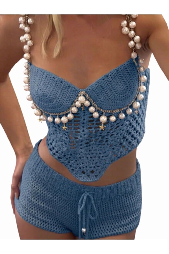 Womens Solid Color Beaded Halter Neck Crop Top Sleeveless Going Out Top for Women Night Out Blue XL