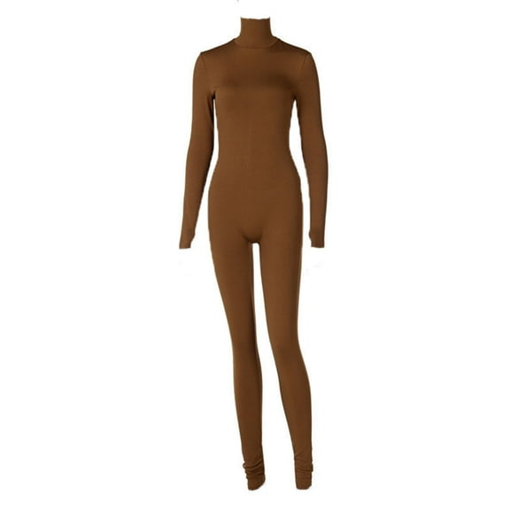 Womens Solid Color Bodysuit with Long Sleeves and Velvet Yoga Onesie Brown L