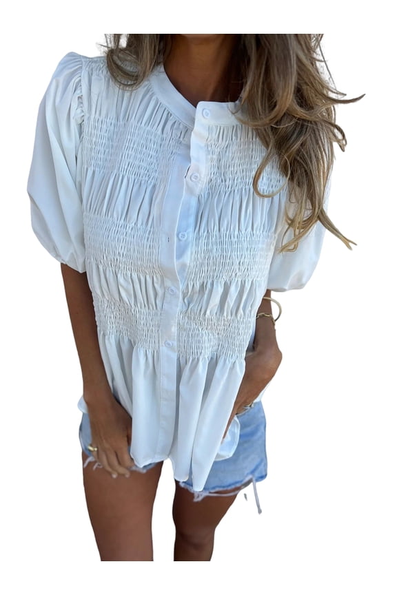 Womens Solid Color Button Down Shirt Round Neck Smocked Short Sleeve Blouse Casual Summer Tops White M